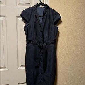 Calvin Klein Dark Navy Button-Front Midi Sheath Dress with Waist Tie